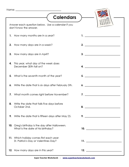 Calendars (Intermediate) - Calendars (Intermediate) (Printable PDF Worksheet)