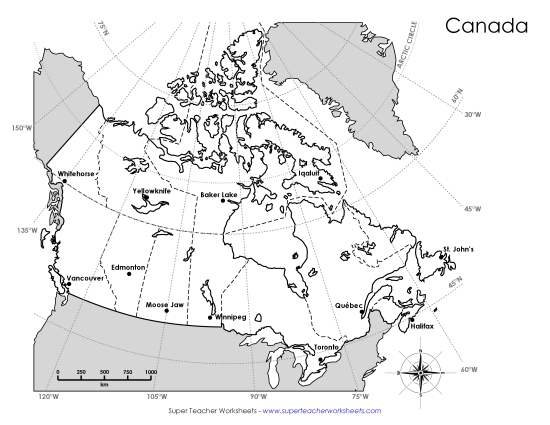 Latitude and Longitude - Canada Latitude and Longitude (Printable PDF Worksheet)