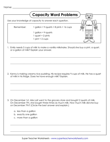Capacity Word Problems (Printable PDF Worksheet)