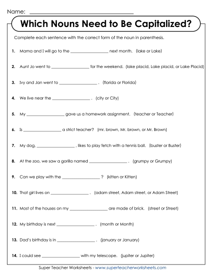 Common & Proper Nouns - Capitalization of Proper Nouns (Printable PDF Worksheet)