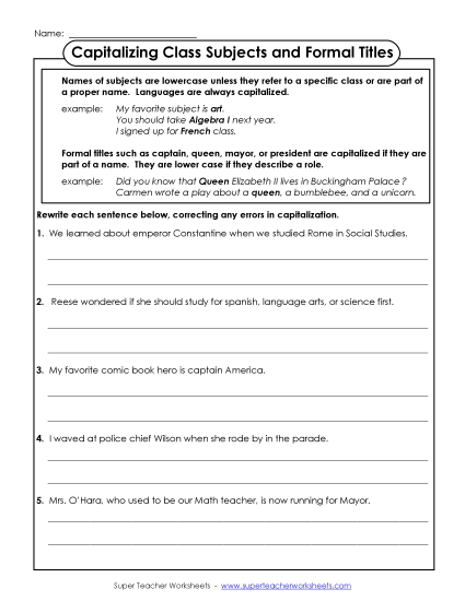 Advanced Level  - Capitalizing Class Subjects and Formal Titles (Printable PDF Worksheet)