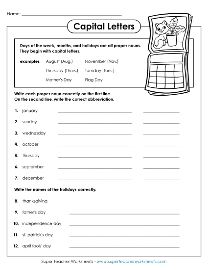 Intermediate Level - Capitalizing Days and Holidays (Printable PDF Worksheet)