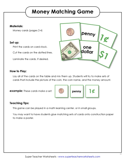 Coin Identification - Cards: Coins & Bills (Basic) (Printable PDF Worksheet)