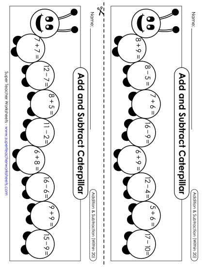 Practice Worksheets - Caterpillar: Addition & Subtraction (Within 20) (Printable PDF Worksheet)
