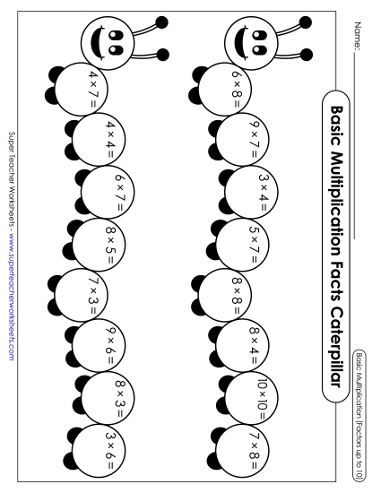 Worksheets and Games - Caterpillar: Basic Multiplication (Factors up to 10) (Printable PDF Worksheet)