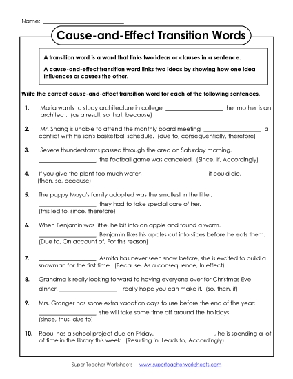 Cause & Effect: Transition Words - Cause and Effect Transition Words (Printable PDF Worksheet)