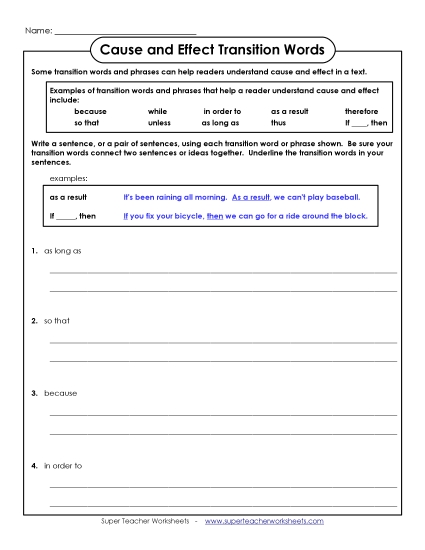 Cause & Effect: Transition Words - Cause & Effect Transitions: Write Sentences (Printable PDF Worksheet)