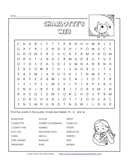 Whole Book - Charlotte's Web Word Search (Printable PDF Worksheet)