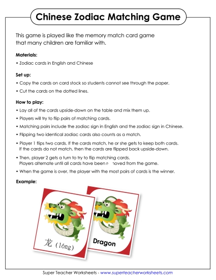 Game - Chinese Animal Matching Game (Printable PDF Worksheet)