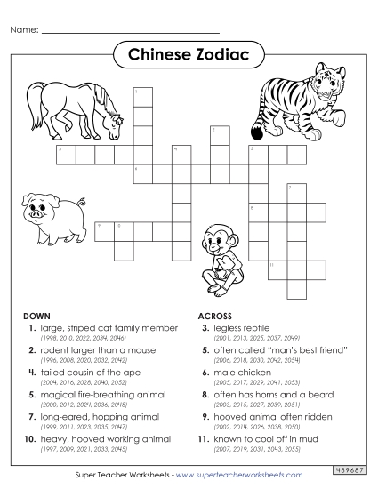 Puzzles - Chinese Zodiac Crossword (Printable PDF Worksheet)