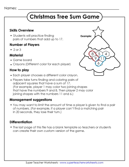 Holiday Sum Game - Christmas Sum Game (Printable PDF Worksheet)