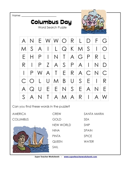 Christopher Columbus Word Search (Easy) (Printable PDF Worksheet)