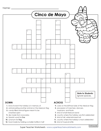 Worksheets - Cinco de Mayo Crossword Puzzle (Printable PDF Worksheet)