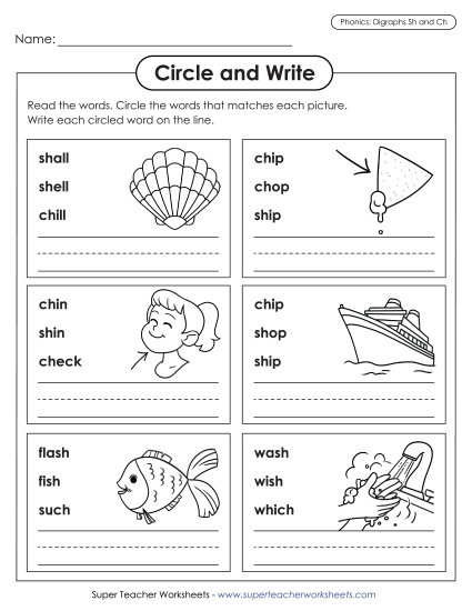 Sh and Ch Mixed - Circle and Write: Ch and Sh (Printable PDF Worksheet)
