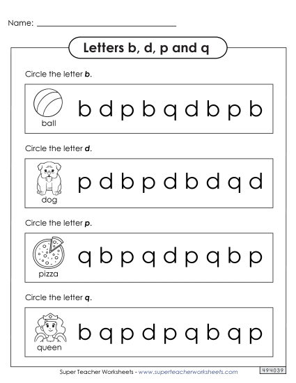 Letters b, d, q, and p - Circle b, d, p, q (Printable PDF Worksheet)