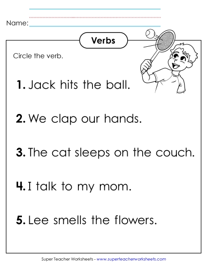 Basic Action Verbs - Circle the Verb Worksheet #2 (Printable PDF Worksheet)