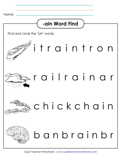 Worksheets - Circle the Words (-ain) (Printable PDF Worksheet)