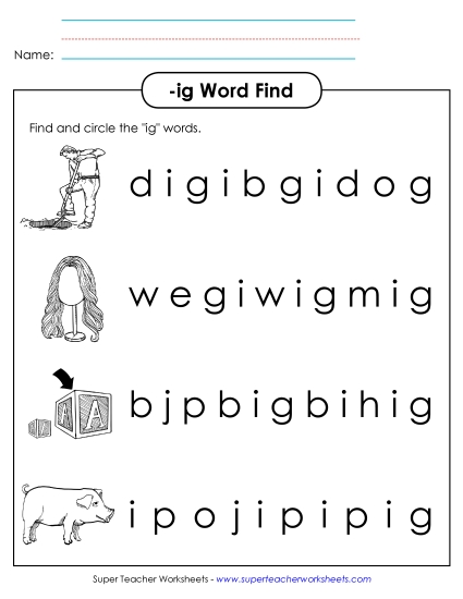 Worksheets - Circle the Words (-ig) (Printable PDF Worksheet)