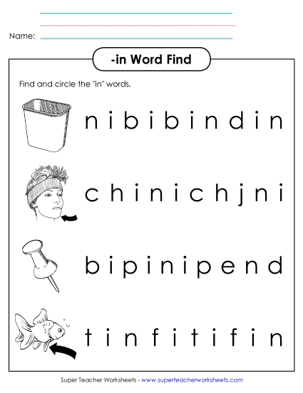 Worksheets - Circle the Words (-in)  (Printable PDF Worksheet)