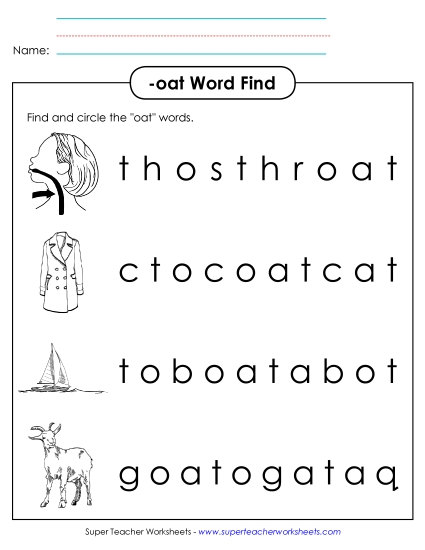 Worksheets - Circle the Words (-oat) (Printable PDF Worksheet)