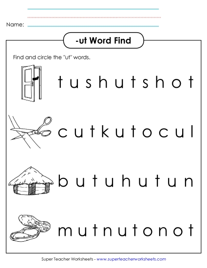 Worksheets - Circle the Words (-ut) (Printable PDF Worksheet)