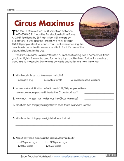 Short Passages - Circus Maximus (Short, Nonfiction) (Printable PDF Worksheet)