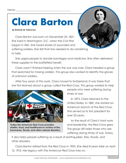 Reading Comprehension - Clara Barton (Biography) (Printable PDF Worksheet)