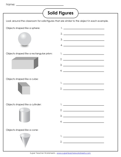 Identifying Shapes - Classroom Solids (Printable PDF Worksheet)