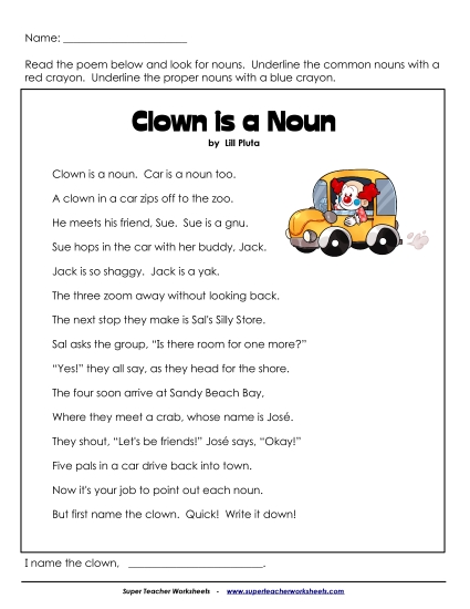 Common & Proper Nouns - Clown is a Noun (Poem)  (Printable PDF Worksheet)