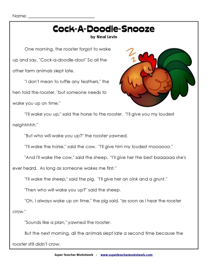 Reading Comp (Fiction) - Cock-a-Doodle-Snooze (Printable PDF Worksheet)