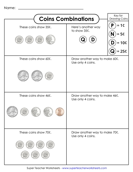 Coins Only (No Bills) - Coin Combinations (Printable PDF Worksheet)