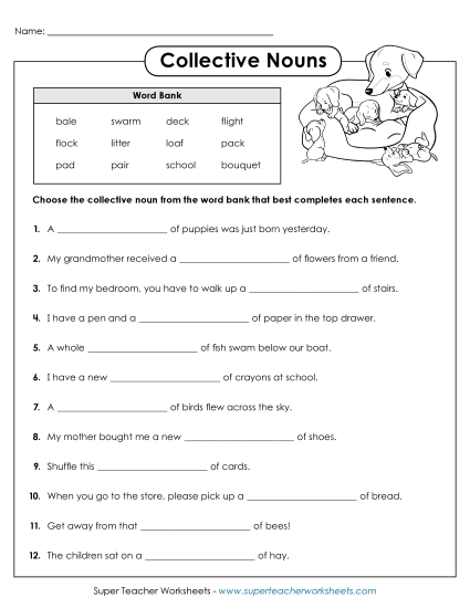 Collective Nouns - Collective Noun Cloze Sentences (Printable PDF Worksheet)