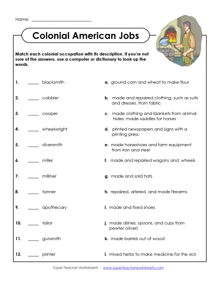 Worksheets and Activities - Colonial American Jobs (Printable PDF Worksheet)