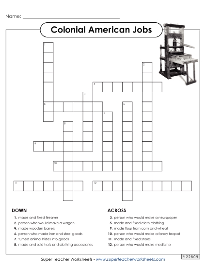 Worksheets and Activities - Colonial American Jobs Crossword (Printable PDF Worksheet)