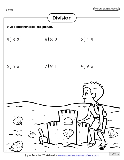 2-Digit Dividends (Remainders) - Color and Divide: Sandcastle (Printable PDF Worksheet)