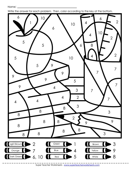 Back-to-School Math - Color-by-Number: Back to School (Printable PDF Worksheet)