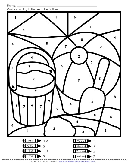 More Summer Math - Color-by-Number: Beach Scene (Printable PDF Worksheet)