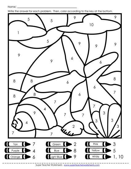 More Summer Math - Color-by-Number: Sea Shells and Beach (Printable PDF Worksheet)