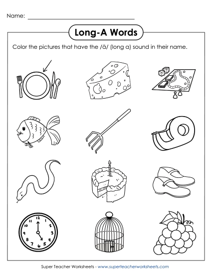 Worksheets - Color Long A Pictures (Printable PDF Worksheet)