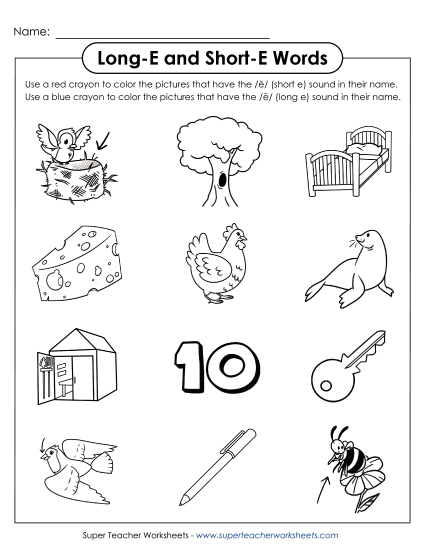 Color Long E and Short E Words (Printable PDF Worksheet)