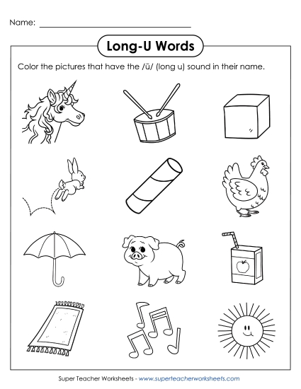 Worksheets - Color Long U Pictures (Printable PDF Worksheet)