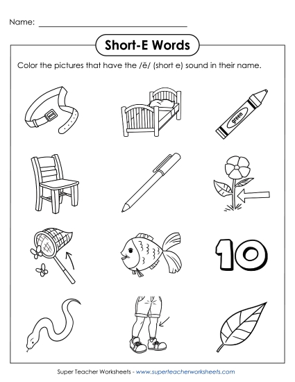 Worksheets - Color Short E Pictures (Printable PDF Worksheet)