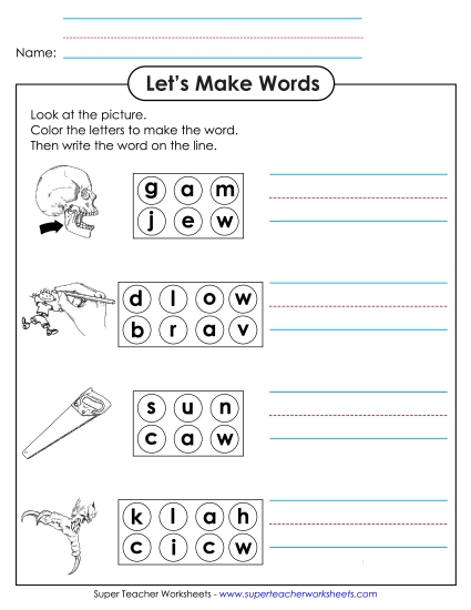 Worksheets - Color the Letters & Write (-aw) (Printable PDF Worksheet)