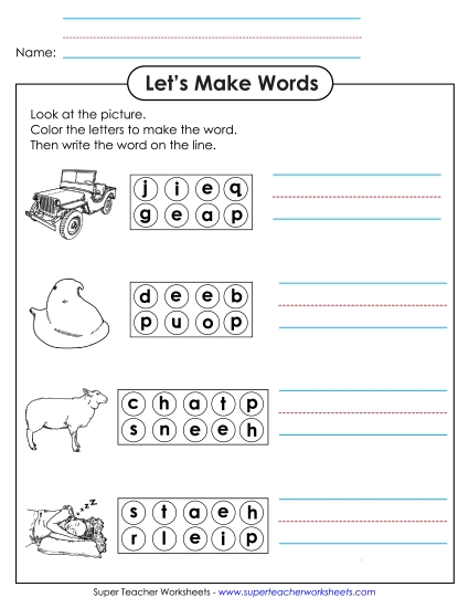 Worksheets - Color the Letters & Write (-eep) (Printable PDF Worksheet)
