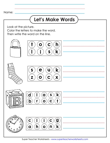 Worksheets - Color the Letters & Write (-ock) (Printable PDF Worksheet)