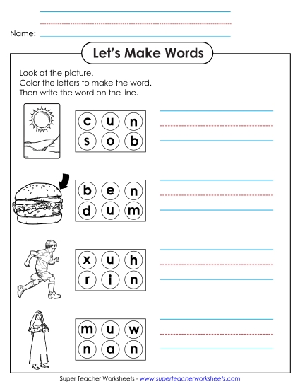 Worksheets - Color the Letters & Write (-un) (Printable PDF Worksheet)