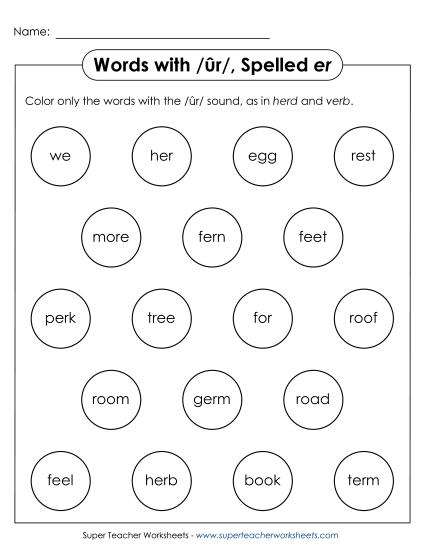 Worksheets - Color the Word: /ûr/ Spelled <i>er</i> (Printable PDF Worksheet)