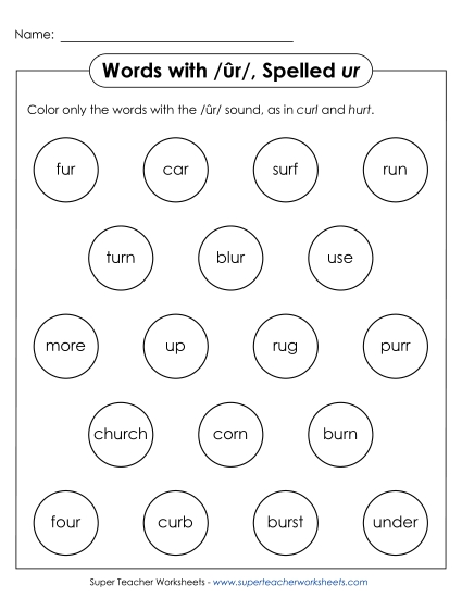 Worksheets - Color the Word: /ûr/ Spelled <i>ur</i> (Printable PDF Worksheet)