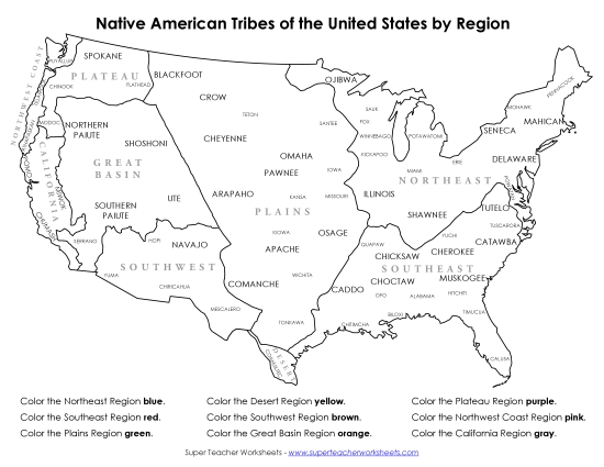 Maps - Coloring Map - Native American Tribes by Region (Printable PDF Worksheet)