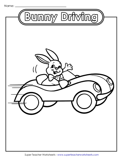 Basic Pictures (For Younger Kids) - Coloring Page: Driving Easter Bunny (Printable PDF Worksheet)